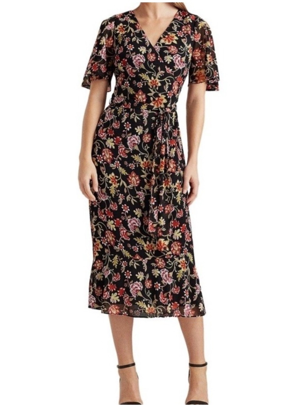 Ralph Lauren Floral Georgette flutter sleeve midi Dress SZ 10